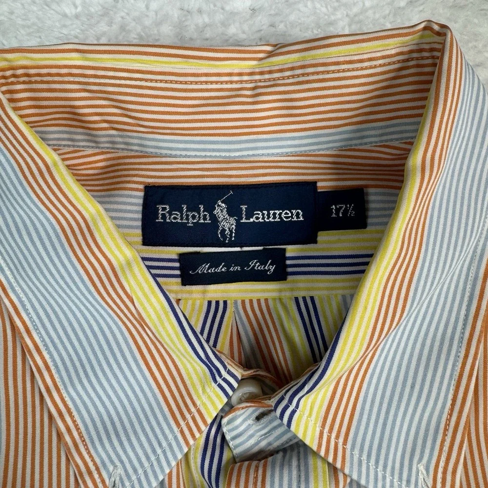 Polo Ralph Lauren Button Down Shirt Mens XL 17.5 Multi Color Striped Made Italy‎